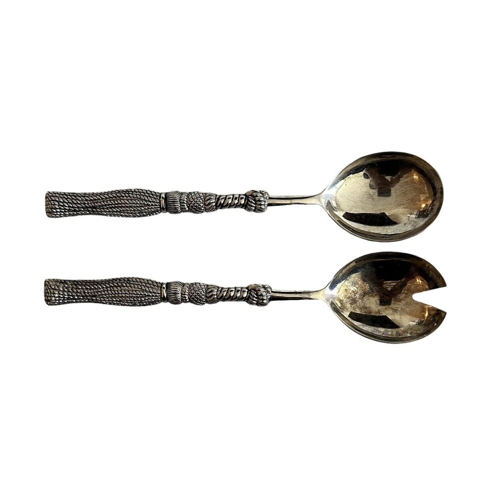 Silea Vintage Silver Serving Spoon & Fork with Braided Tasseled Handles